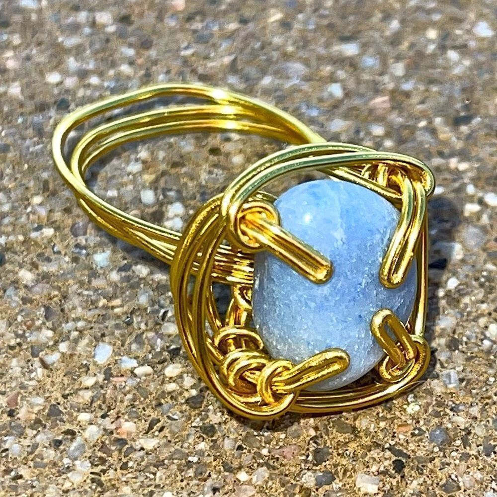 BLUE AVENTURINE QUARTZ ADJUSTABLE WIREWRAPPED CHUNKY GEMSTONE RING